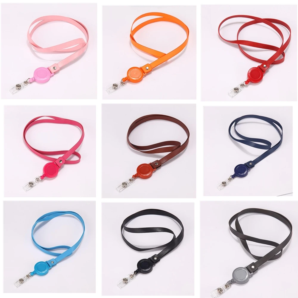 

PU Leather Lanyard Work Card Sleeve Retractable Easy Pull Lanyards Key Ring Safety Badge Reel for Pass Card Office Accessories