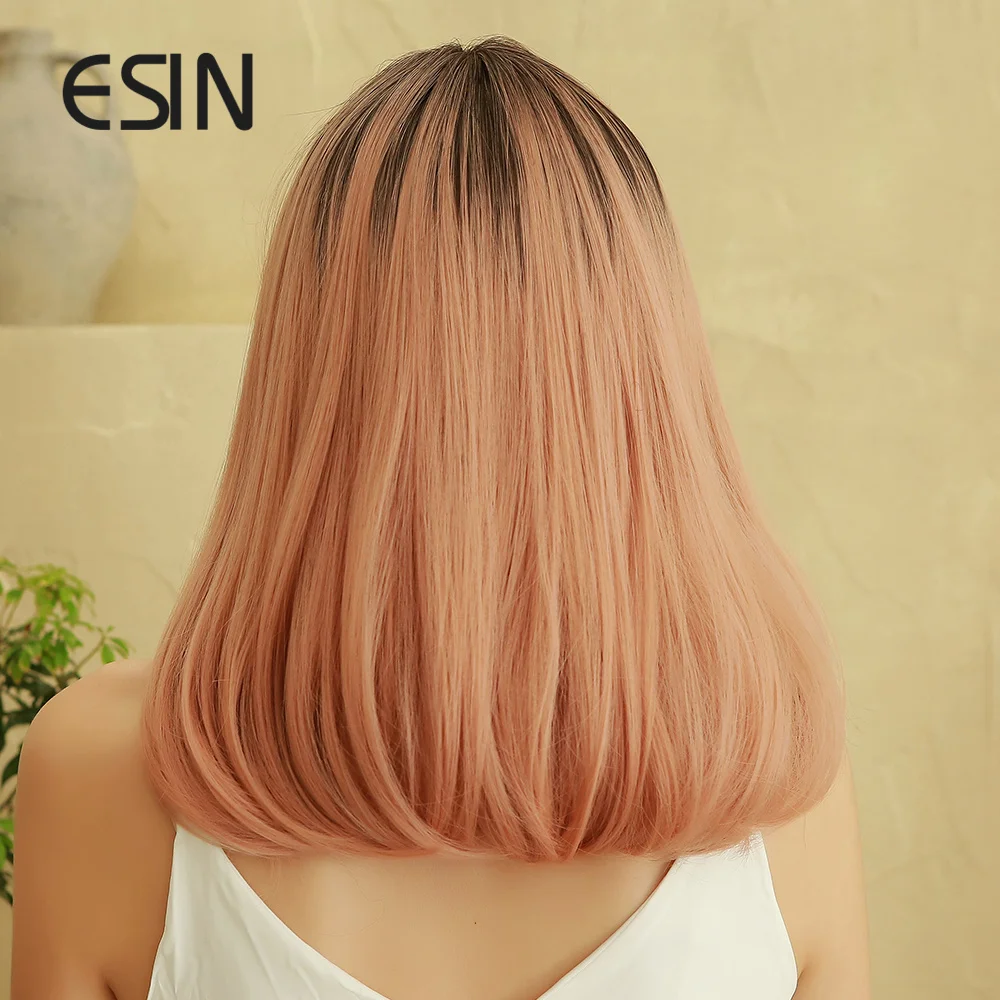 ESIN темно коричневый омбер Розовый средней длины прямой парик с челкой