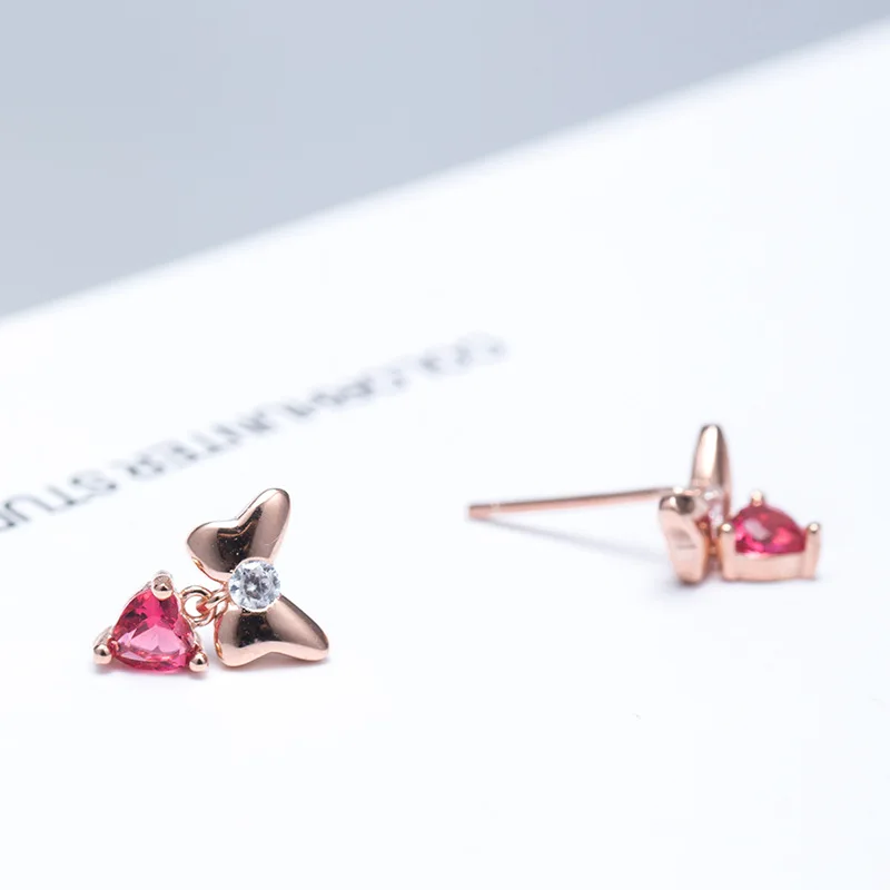 

New bow Red Zircon Earrings For Women S925 Sterling Silver Korea small fresh and fashionable Heart Shaped Earrings Jewelry