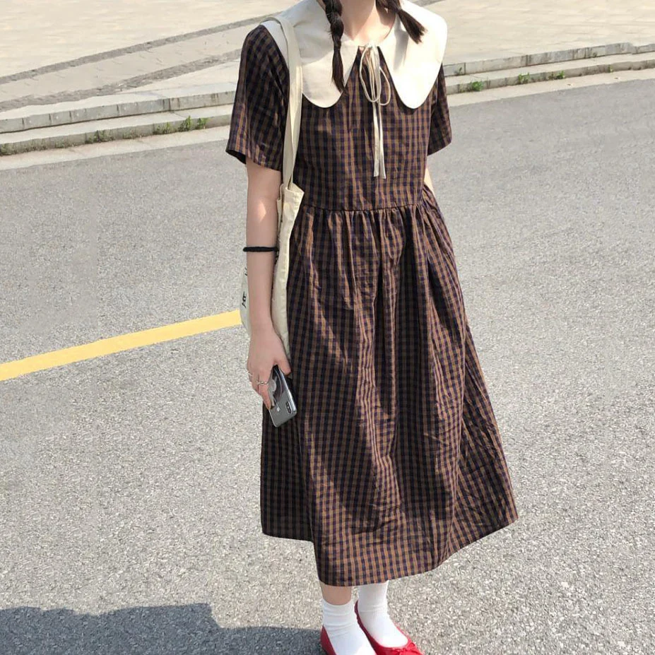 

Short Sleeve Dress Women College n Style All Match Peter Pan Collar Empire Casual Harajuku Mid-calf Stylish Plaid A-line