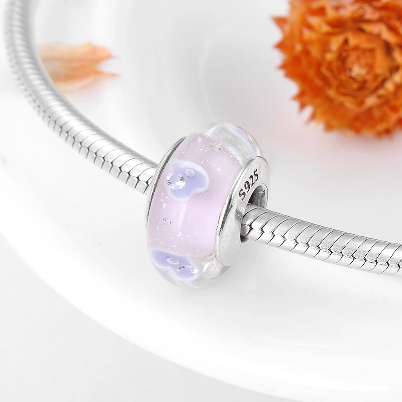 Подлинный 925 пробы Серебряный Розовый муранский стеклянный бисер фиолетовый