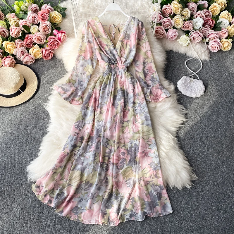 

Women High Waist Slim Chiffon Long Dress Fairy Floral Print Swing Party Dress Sexy Autumn V Neck Ruffle Sleeve Dresses Vestidos