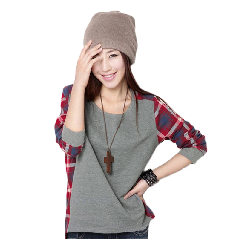 Клетчатая Лоскутная Осенняя футболка женская повседневная одежда в Корейском