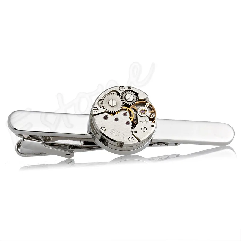 

Fashion Steampunk Men's Tie Clip Vintage Watch Movement Tie Clasp Tack Silver