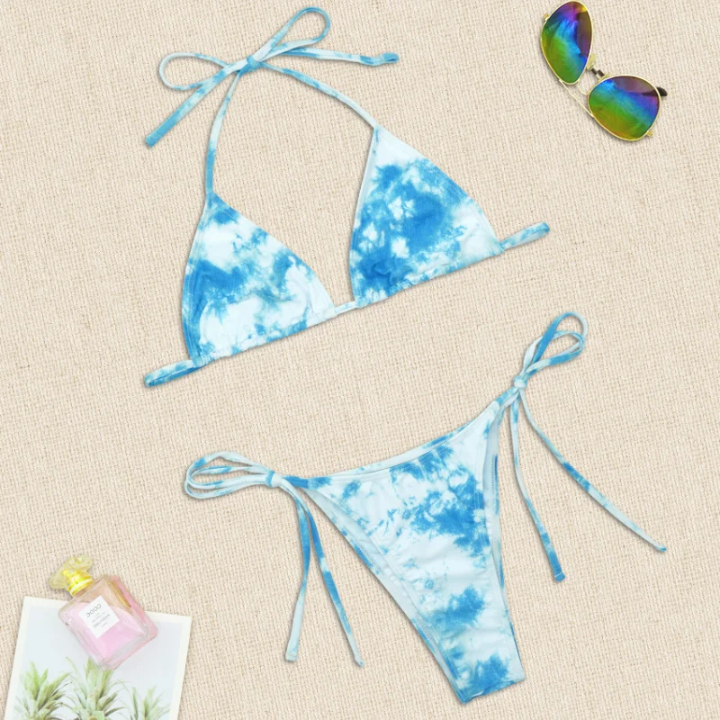 

2021 New Swimwear Sexy Tie-Dye Three-Point Split Triangle Bag Bikini 2-Piece Swimsuit