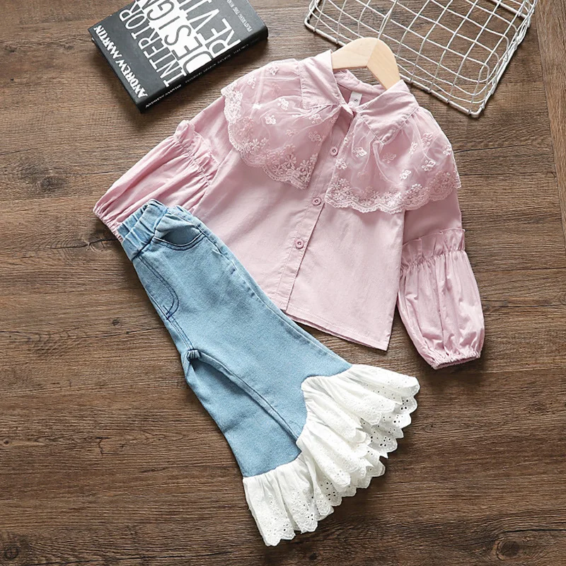 Для девочек Комплекты одежды футболка с длинным рукавом + джинсы клеш детские