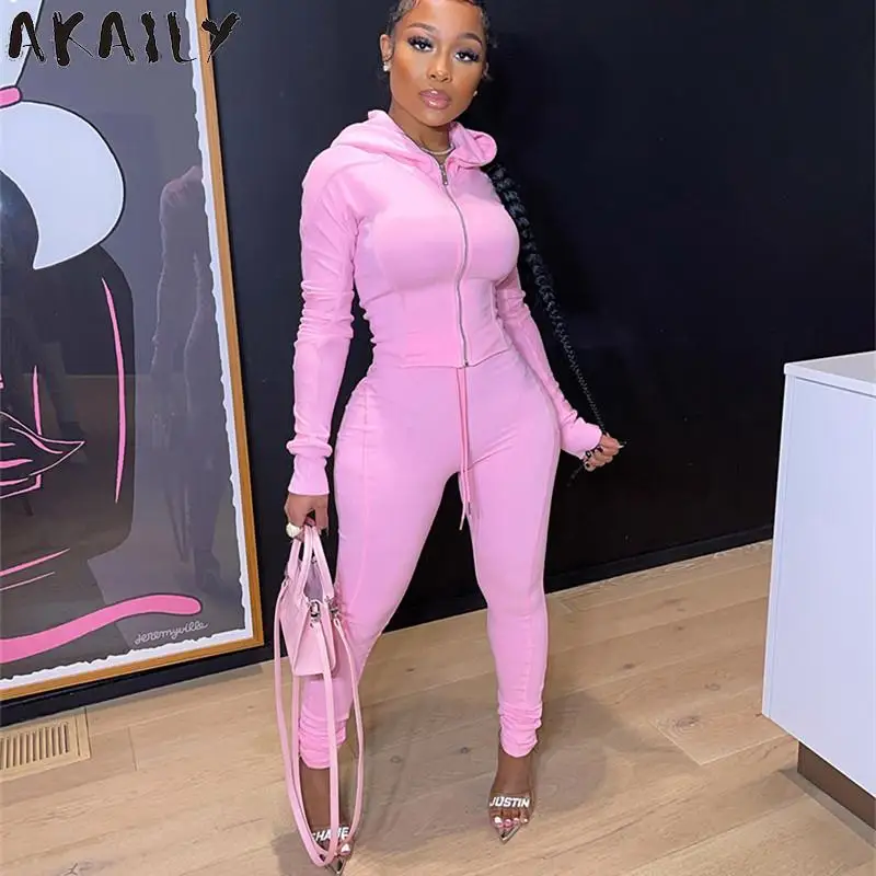 

Akaily 2 Two Piece Sets Tracksuit Womens Outfits Black Long Sleeve Hoodie Stacked Pants Sets Female Fall Sports Matching Sets