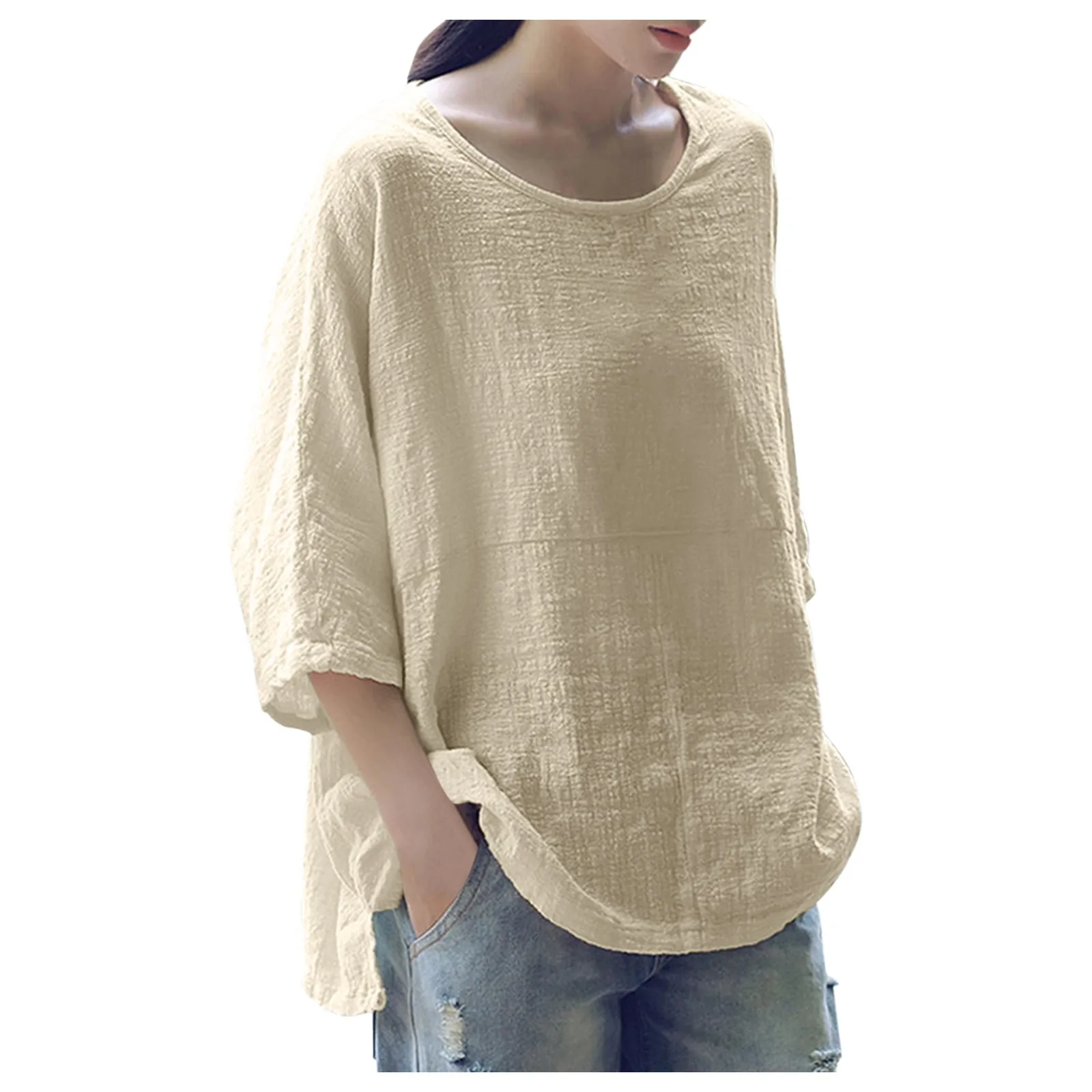 

Women Causal Solid Color Blouse Cotton Blend Round Neck Three-quarter Sleeves Loose Irregular Hem Top