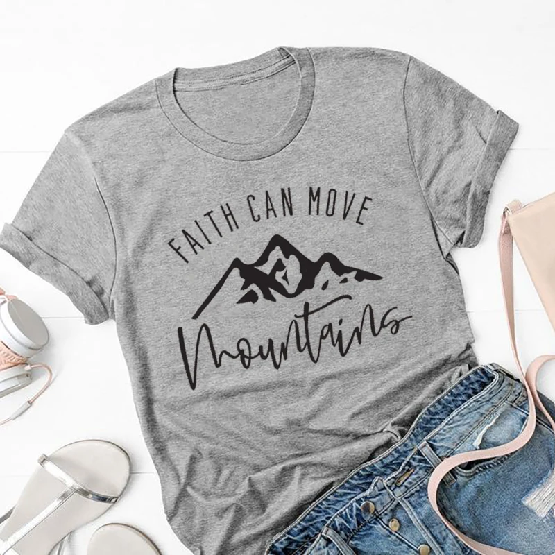 

Women Christian Believe Inspire T-shirt Short Sleeve Streetwear Tops Faith Can Move Mountains Graphic Tees