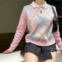 women sweet y2k preppy style argyle knitted sweater fashion 90s pink long sleeve jumpers winter aesthetic knitwear autumn tops