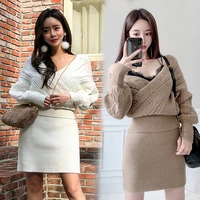 two piece sets knitted hemp pattern crossover deep v neck sweater cultivate women morality show thin mini skirt of tall waist