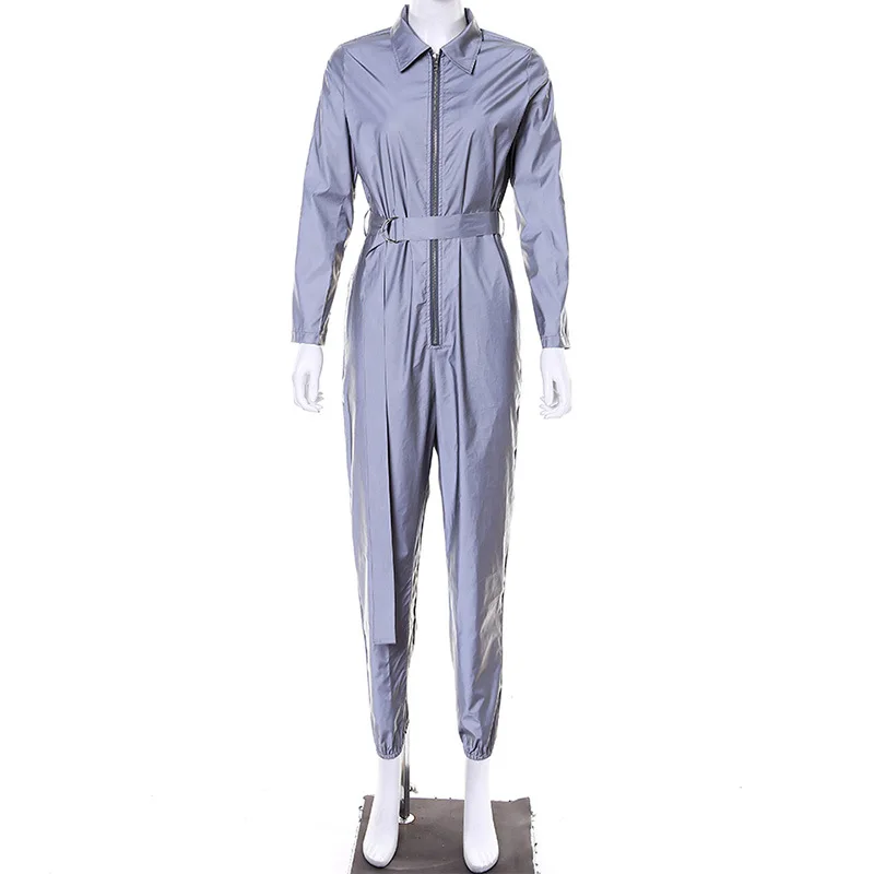 

Autumn women's personality reflective high waist long jumpsuit long-sleeved zipper loose casual silver jumpsuit Z247
