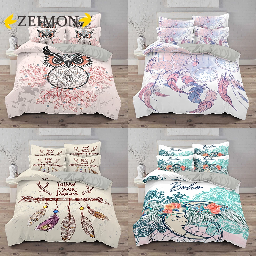 

ZEIMON Dream Catcher Bedding Set Queen Size Duvet Cover Feathers White Comforter Cover Set housse de couette Bedclothes 2/3pcs