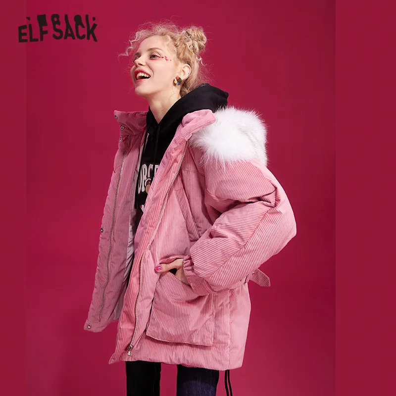 ELFSACK розовый однотонный прямой с поясом капюшоном теплый пуховик для женщин 2019