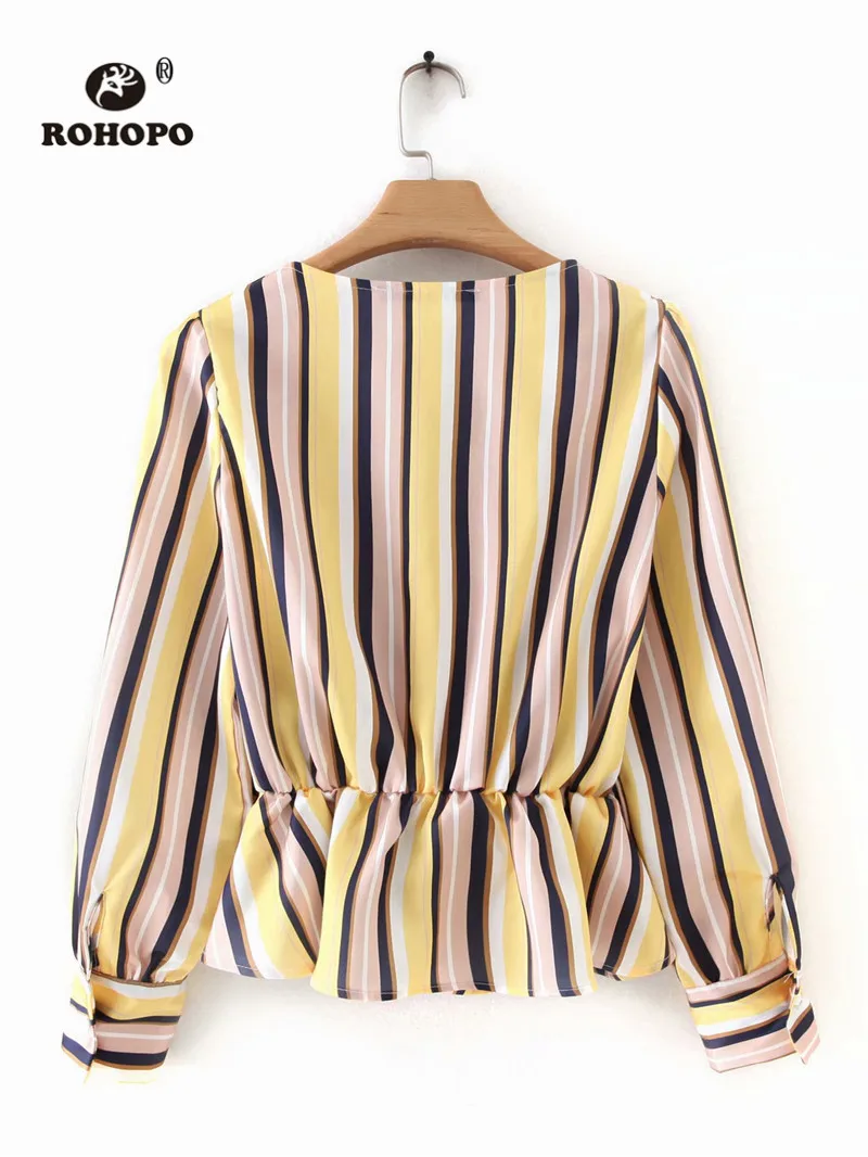 ROHOPO Lantern Long Sleeve Wrap V Collar Striped Tops Blouse Ruffled Hem Ladies Autumn Tunic Elegant Pullover Blusa Shirt #9007 |