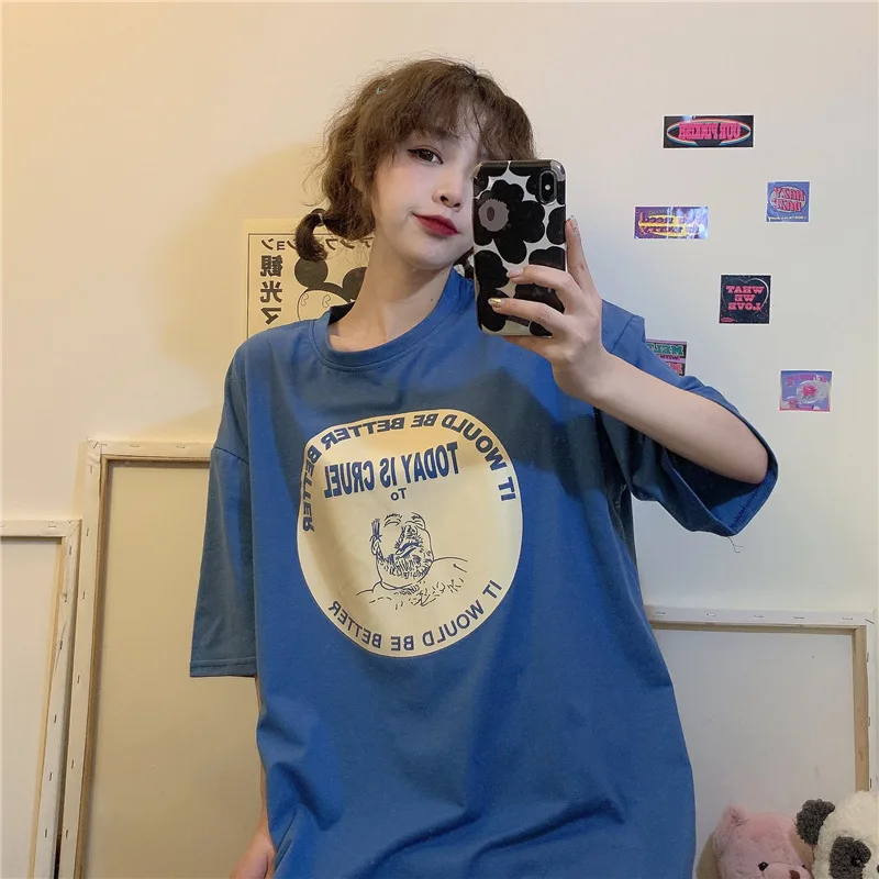 Женская хлопковая футболка с коротким рукавом свободная универсальная летняя