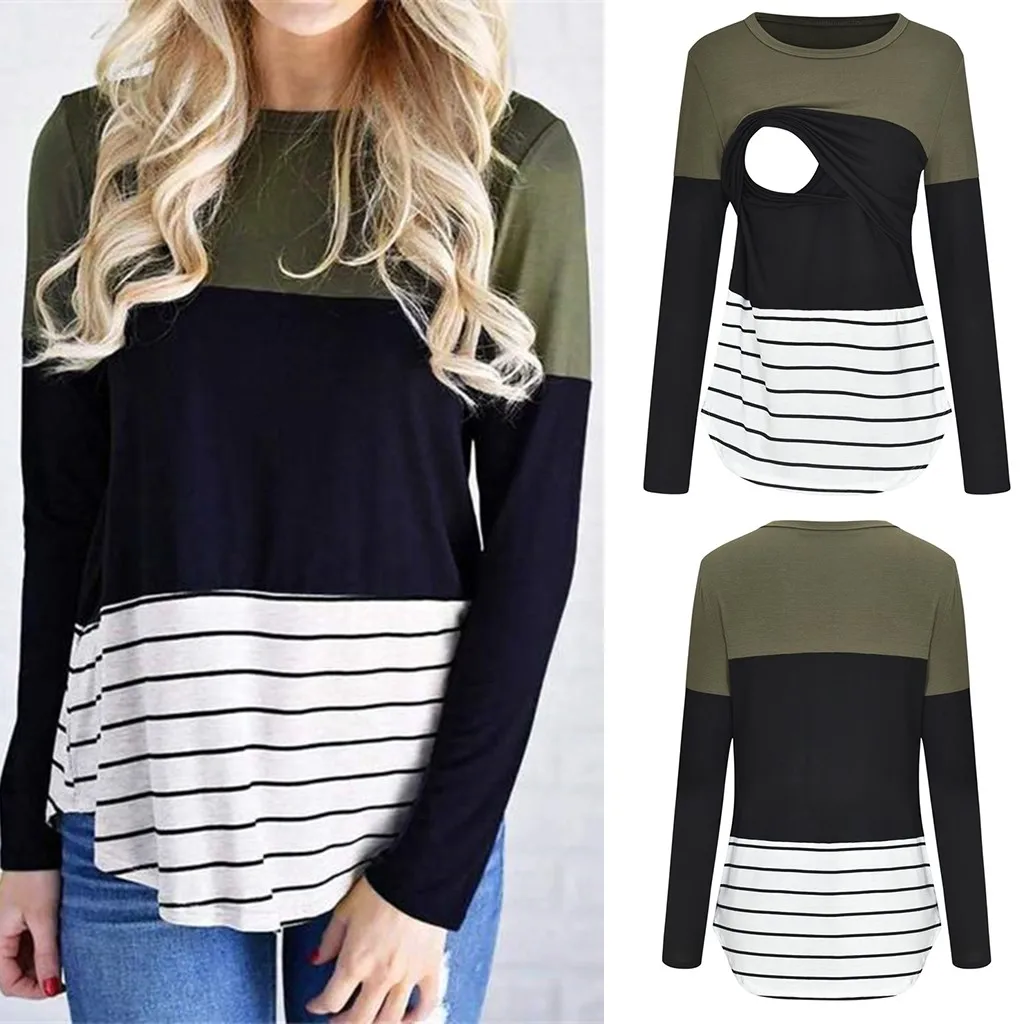 Одежда для грудного вскармливания Сезон осень зима Женская Полосатая футболка с