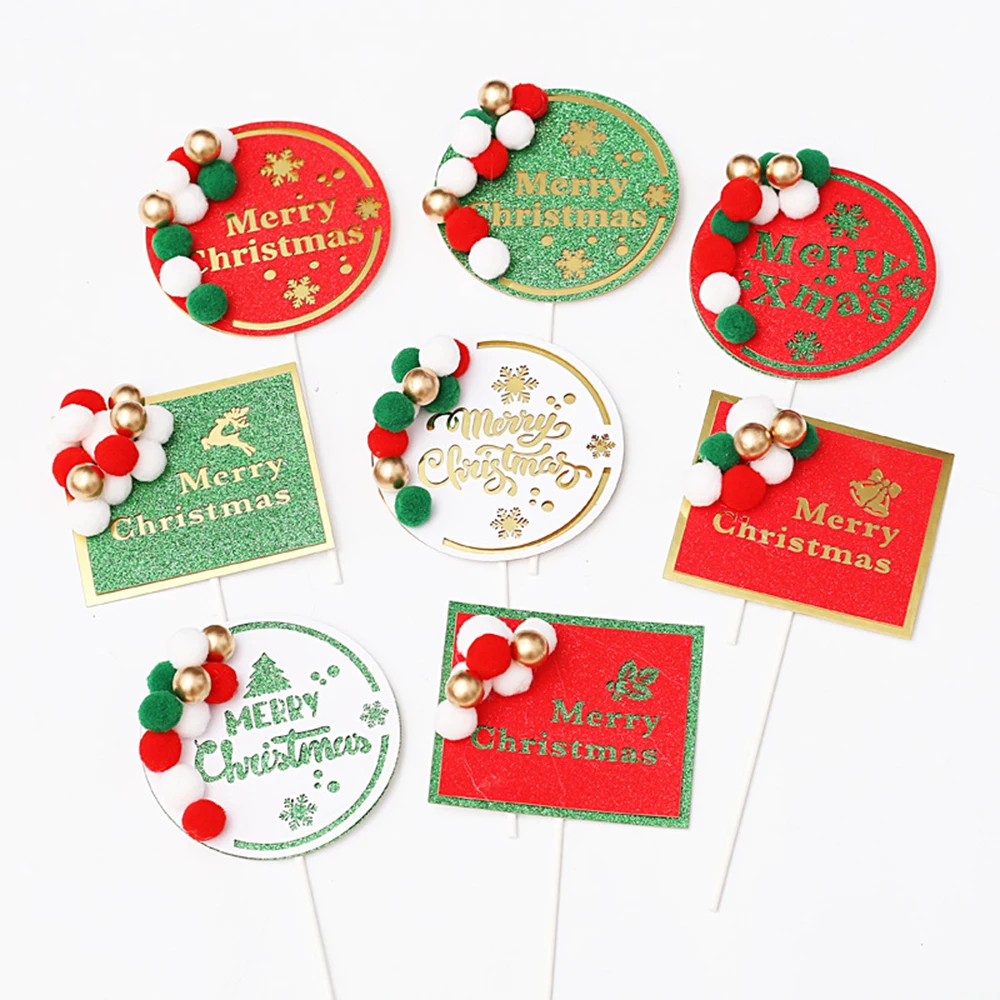 

Merry Christmas Cupcake Toppers Acrylic Glitter Red Green Xmas Holiday Cupcake Picks Happy New Year Party Cake Decor for Home