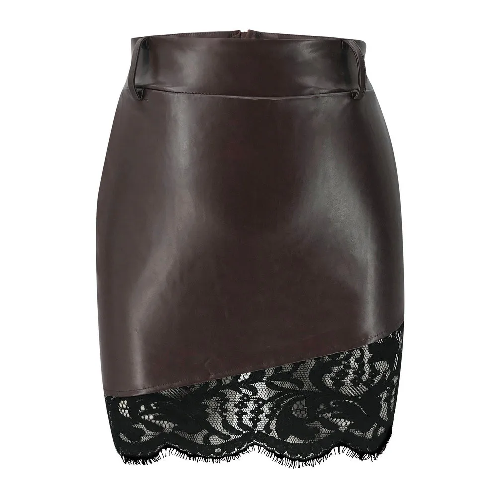 

2020 Office lady black lace PU leather skirts high waist leather sexy bodycon skirts streetwear skinny short pencil skirt