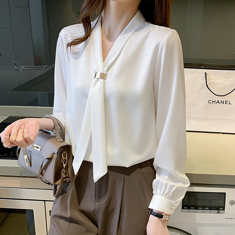

Houthion New Long-sleeved Blouse V-neck Chiffon High-end Top Comfortable Casual Summer Shirt Fashion Blouses