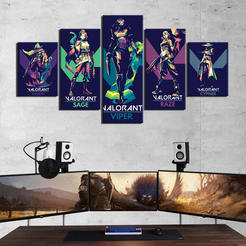 

5 Pieces Valorant Game Posters Omen Sage Viper Raze Cypher Oil Painting on Canvas Wall Art Home Decor Background Wall Stickers