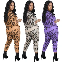 casual two piece sets winter hottest ladys lace up sweatpants o neck long sleeve leopard printing women pullover outfits