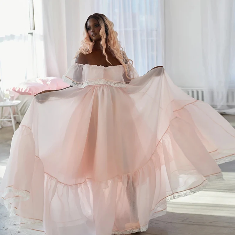 

Formal Evening Dresses Light Pink Off Shoulder Short Sleeve Chiffon Long Prom Gowns Africa Women Celebrity Party Wear