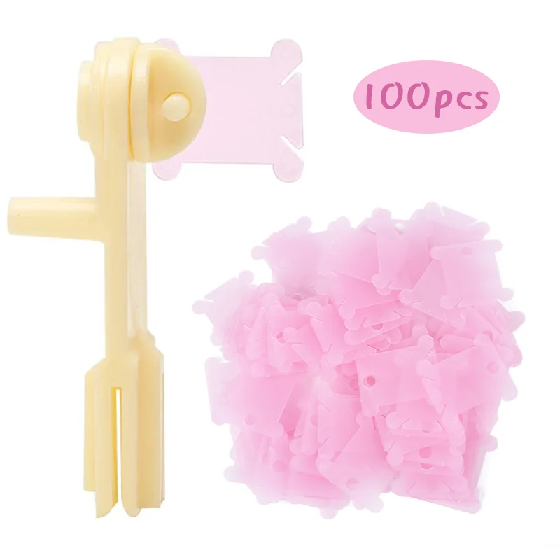 

LMDZ 100Pcs Pink Plastic Floss Bobbins with Floss Bobbin Winder Cross Stitch Card Thread Holder DIY Embroidery Sewing Storage