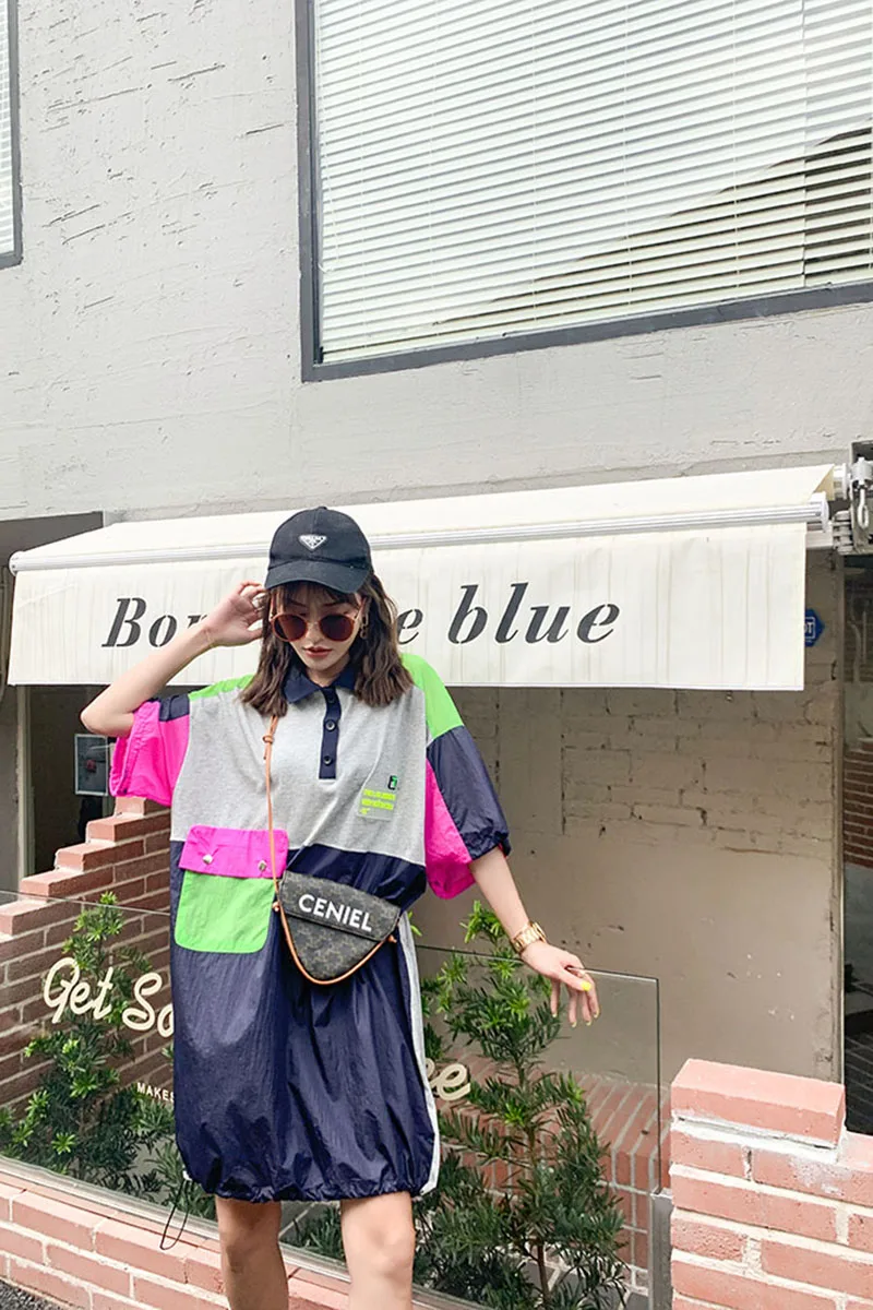 

Vefadisa Stitching Color Women Dress 2021 Summer Letter Print Dress Short Sleeve Plus Size Patchwork Female Dress QYF5702