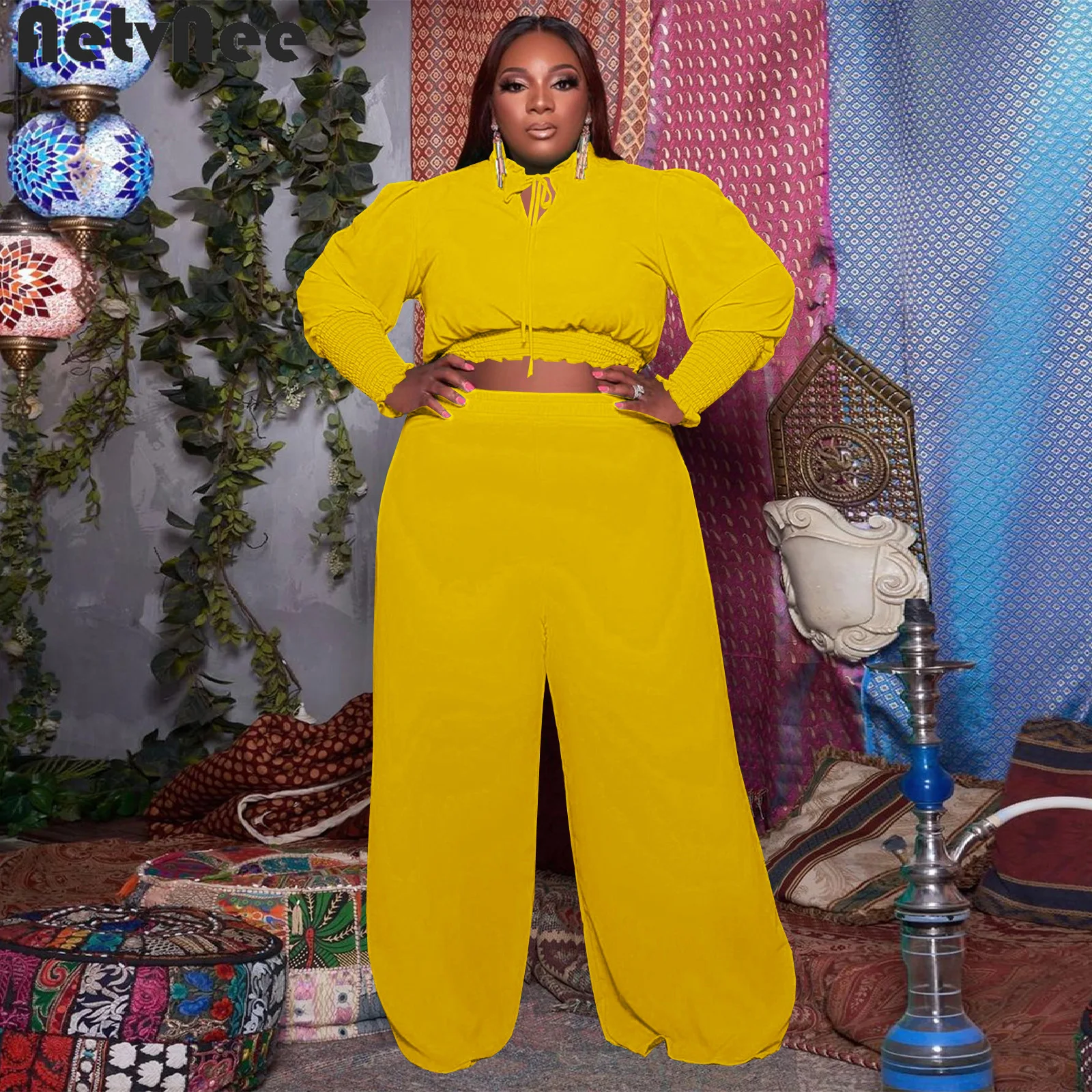 

Fall Plus Size Sets Women Solid Clothing Ruffled Bandage Crop Top + Wide Leg Pants Two 2 Piece Set Stylish Casual Pant Suit 2021