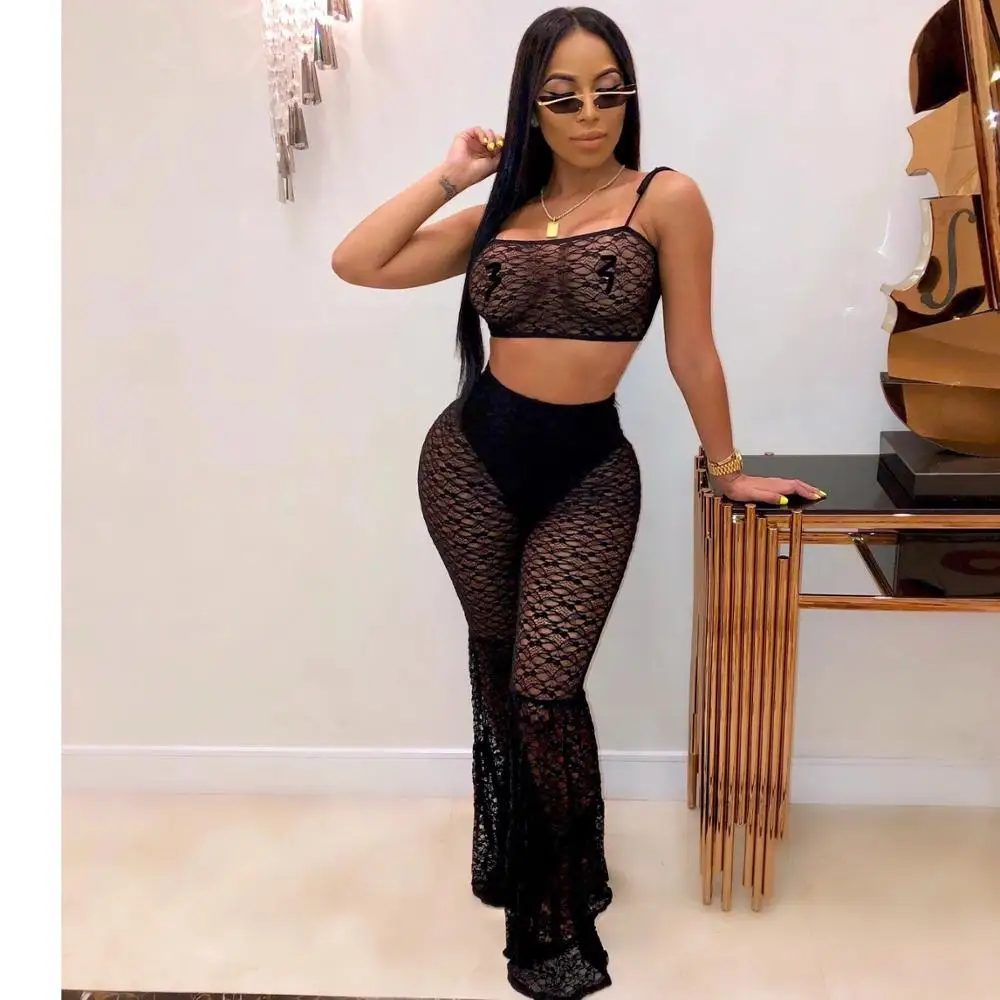 Женский сетчатый кружевной костюм черный комплект из двух предметов укороченный