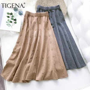 TIGENA 2020 осенне-зимняя теплая вязаная юбка Женская Корейская Повседневная трапециевидная эластичная длинная юбка миди с высокой талией Женская одежда цвета хаки
