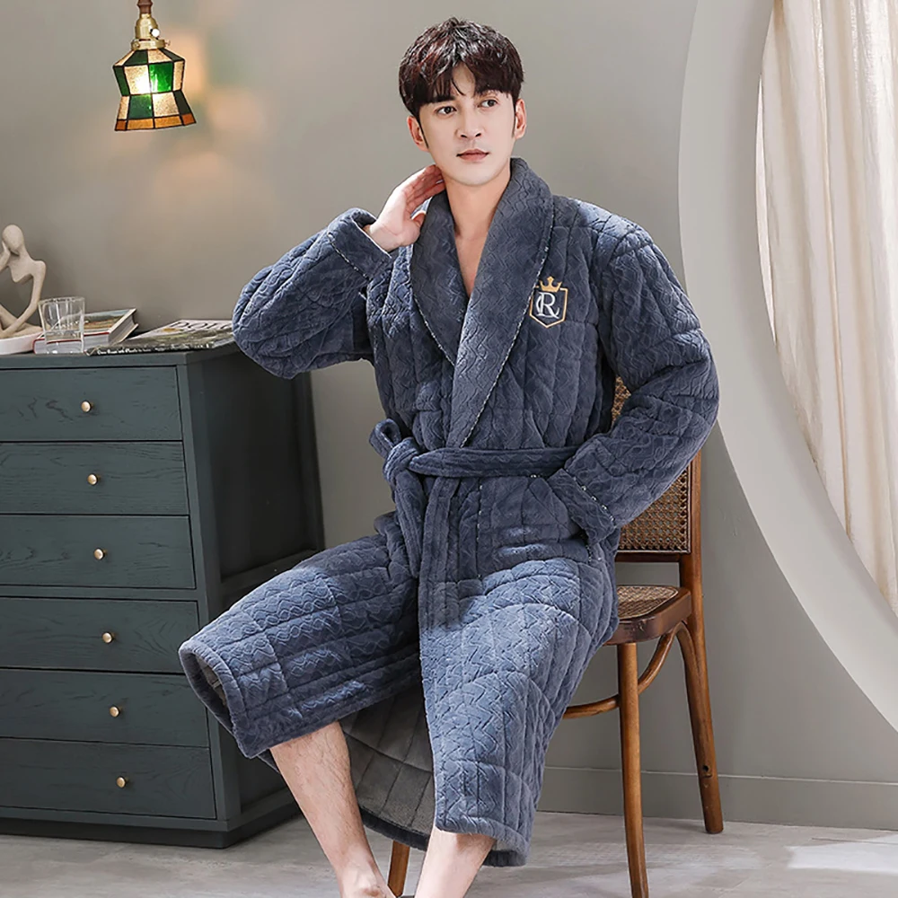 Winter Men's Bathrobe Terry Robe 3-layer Flannel Super Thick Warm Dressing Gown Luxury Solid Plaid Long Robe For Man Towel Towel