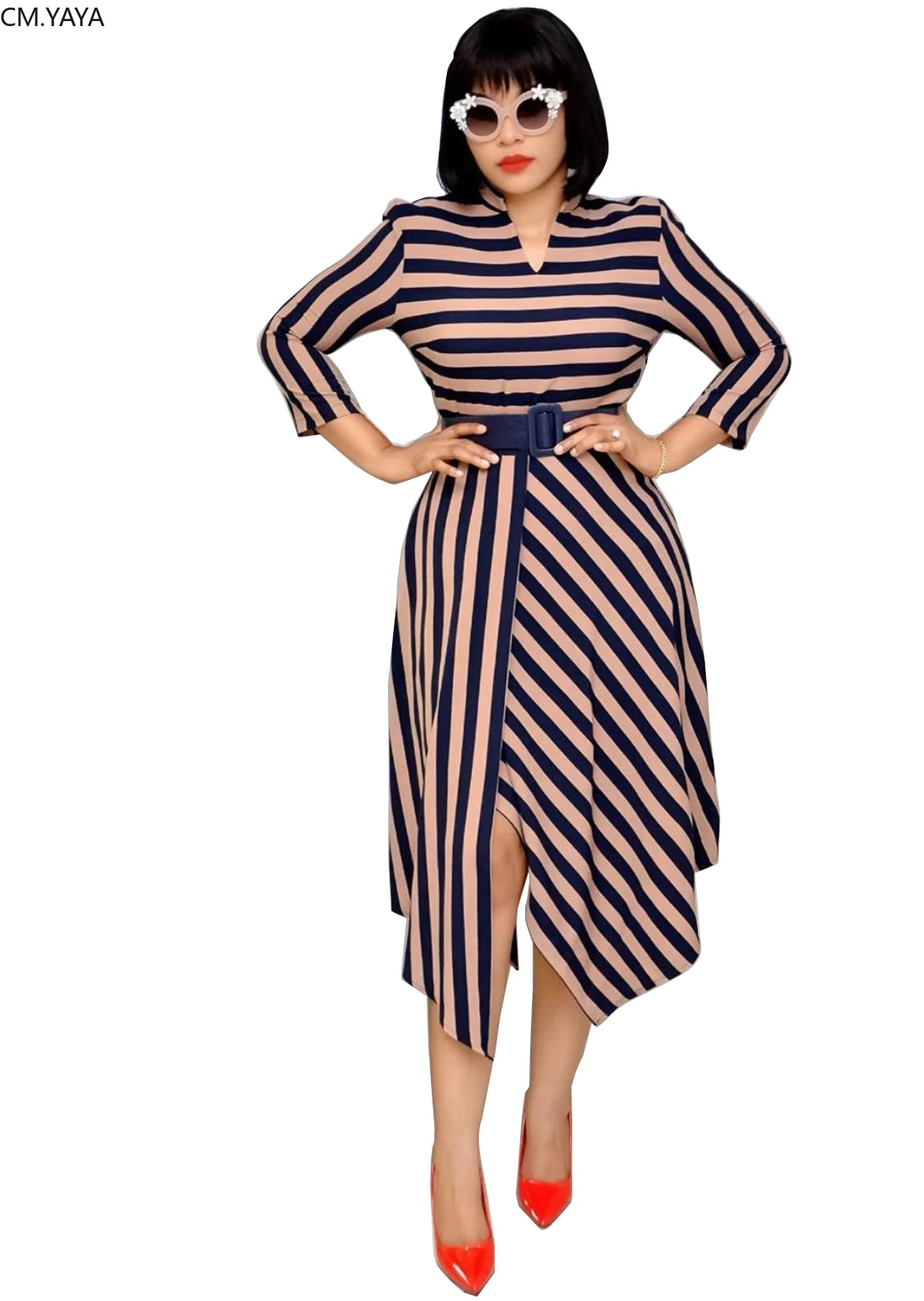 Women Winter Fall Three Quarter Sleeve Striped Dress Office Lady Street Style Sashes Asymmetrical midi Dresses Plus Size AM387 | Женская