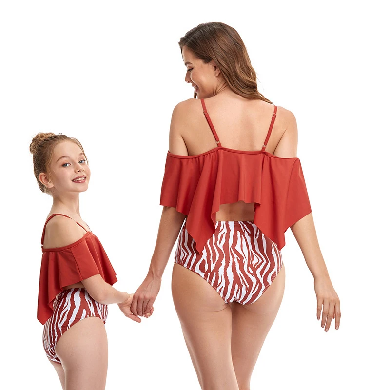

Solid Patchwork Off-Shoulder Bikinis Set Women Sexy Swimwear Contrast Printed Underpants 2Pcs Beach Wear Parent-Child Swimwear
