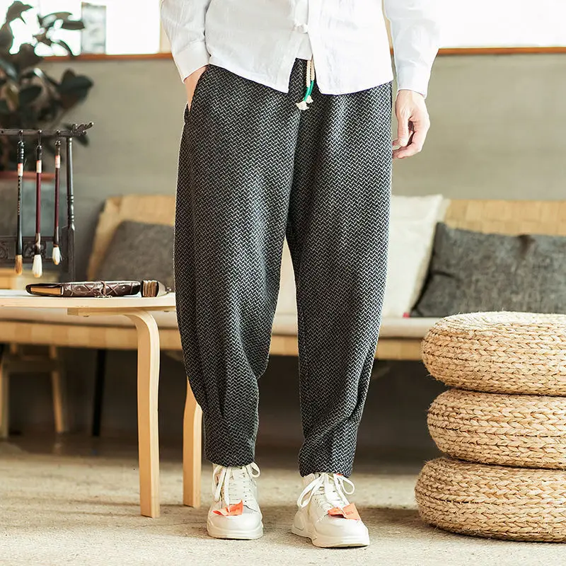 MrGoldenBowl Men's Solid Color Straight Harem Pants Chinese Style Man Loose Ankle-Length Trousers Streetwear Male Casual Pants