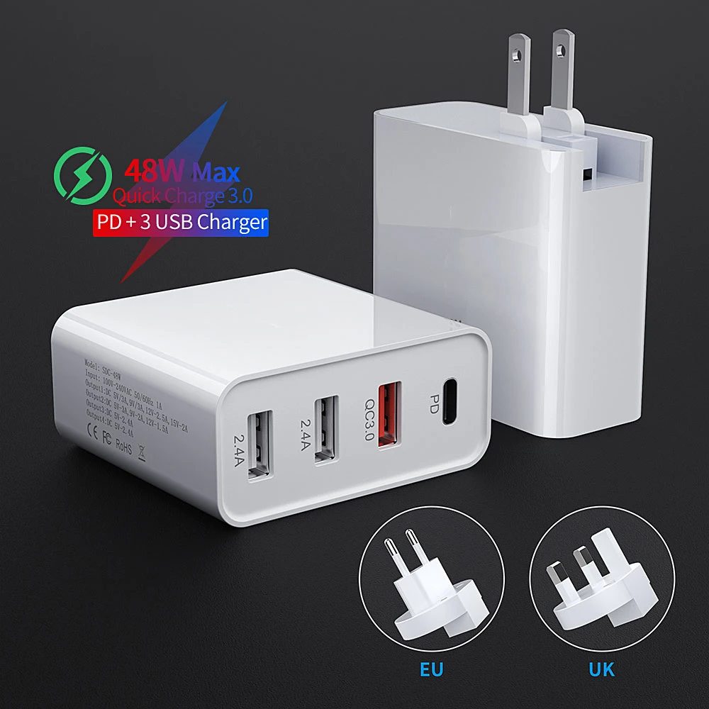 

Настенное зарядное устройство, 48 Вт, QC 3,0, USB Type-C, быстрая зарядка телефона, планшета, зарядное устройство для iPhone, Xiaomi, США, ЕС, Великобритании
