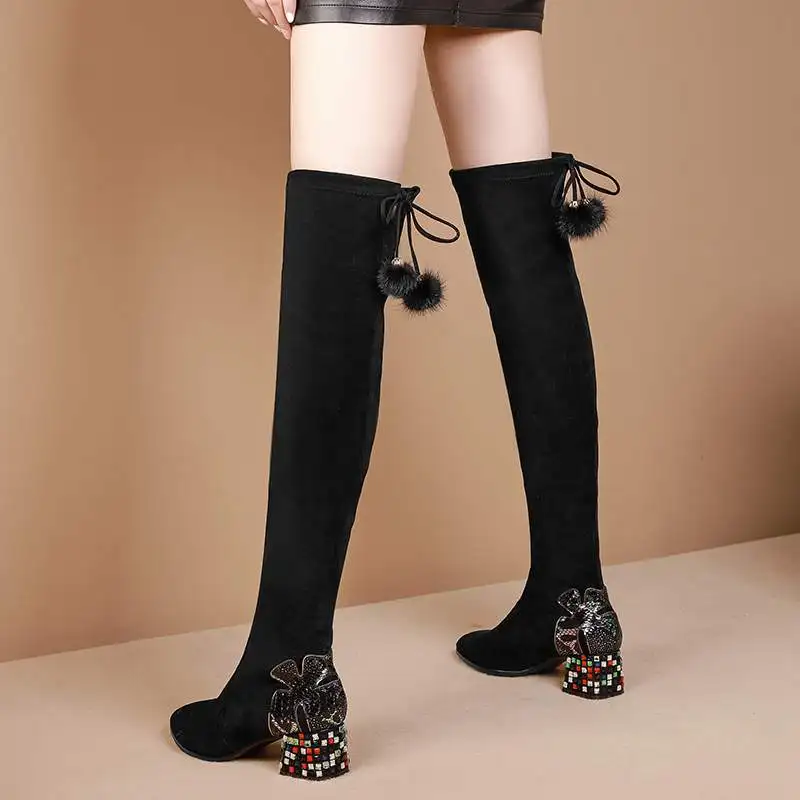 

Lenkisen new winter mixed colors crystal fashion stretch boots cute hairball lace up pointed toe high heels thigh high boots L37