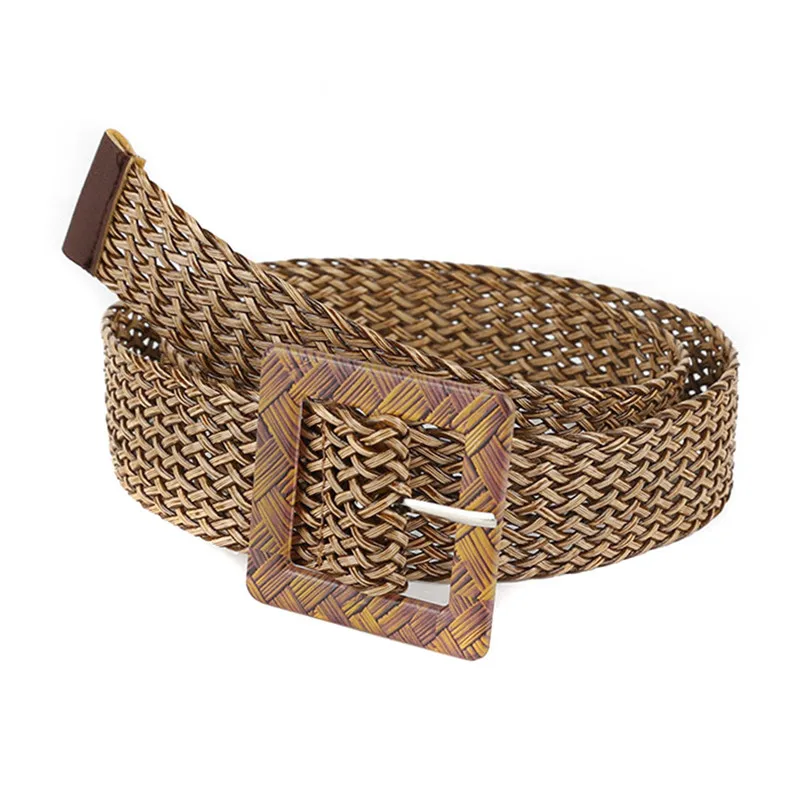 

Hot Sale Vintage Boho Braided Waist Belt Summer Solid Female Belt Round Wooden Smooth Buckle Fake Straw Wide Belts For Women