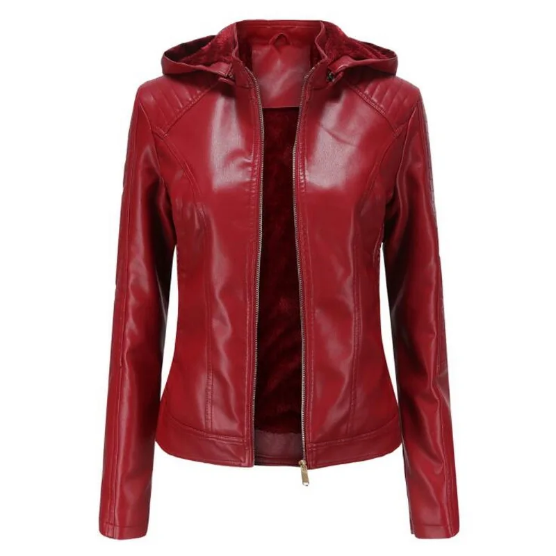 Female Pu Leather Jacket Women Faux Leather Outerwear Women Hooded Warm Leather Coat