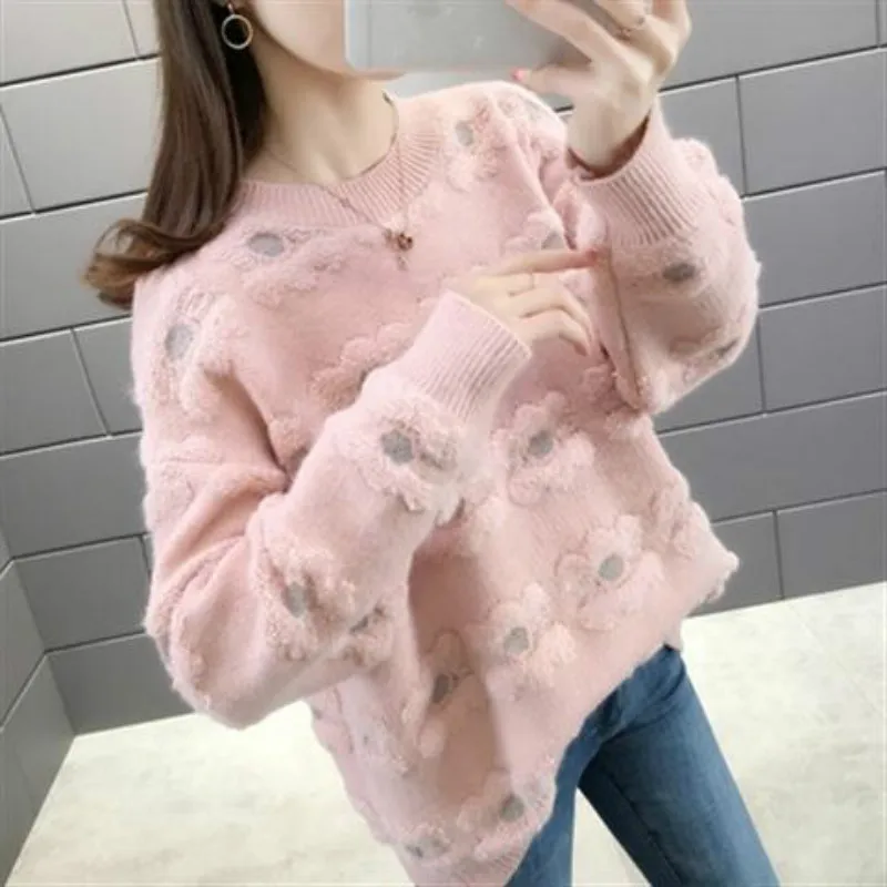 

2021 New Autumn Winter Korean Fashion Style Casual Three-Dimensional Crochet Flower O-neck Sweater Female Knitwear Y501