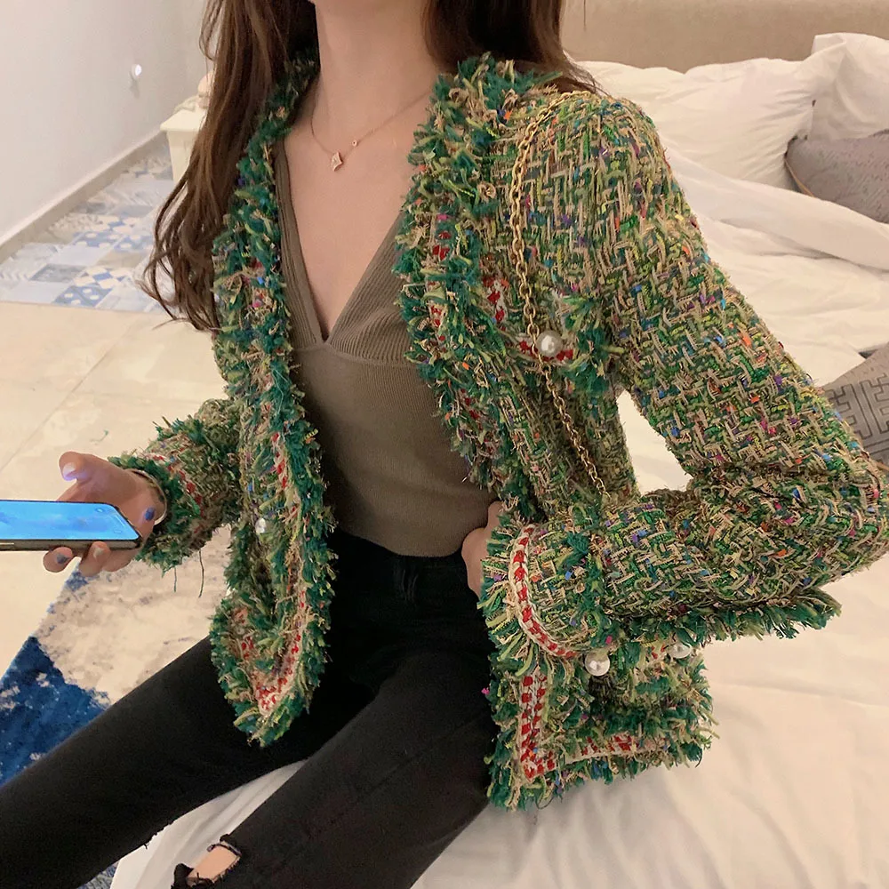 Женская твидовая шерстяная куртка однобортная винтажная короткая с бахромой