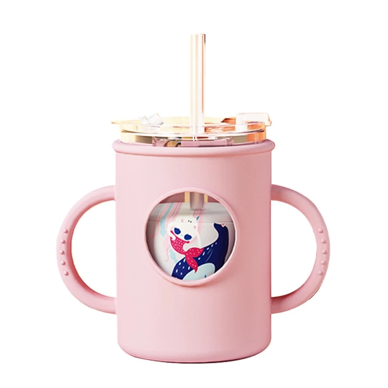 

Anti-falling Baby Milk Cup with Straw Silicone Double Handle Sleeve Children Water Cup Portable Kids Drinking Glasses L21F