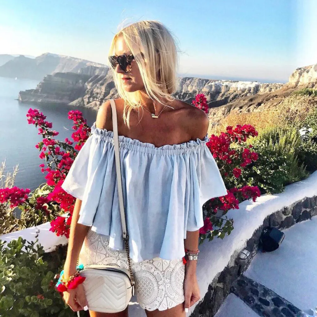 Блузка с открытыми плечами для Для женщин вышивка свитер рукавами-клеш пикантные