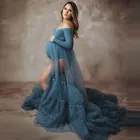 Длинное атласное и Тюлевое платье-трапеция с открытыми плечами, ночное платье со шлейфом и длинным рукавом, платье для беременных, для фотосъемки, мягкое женское платье