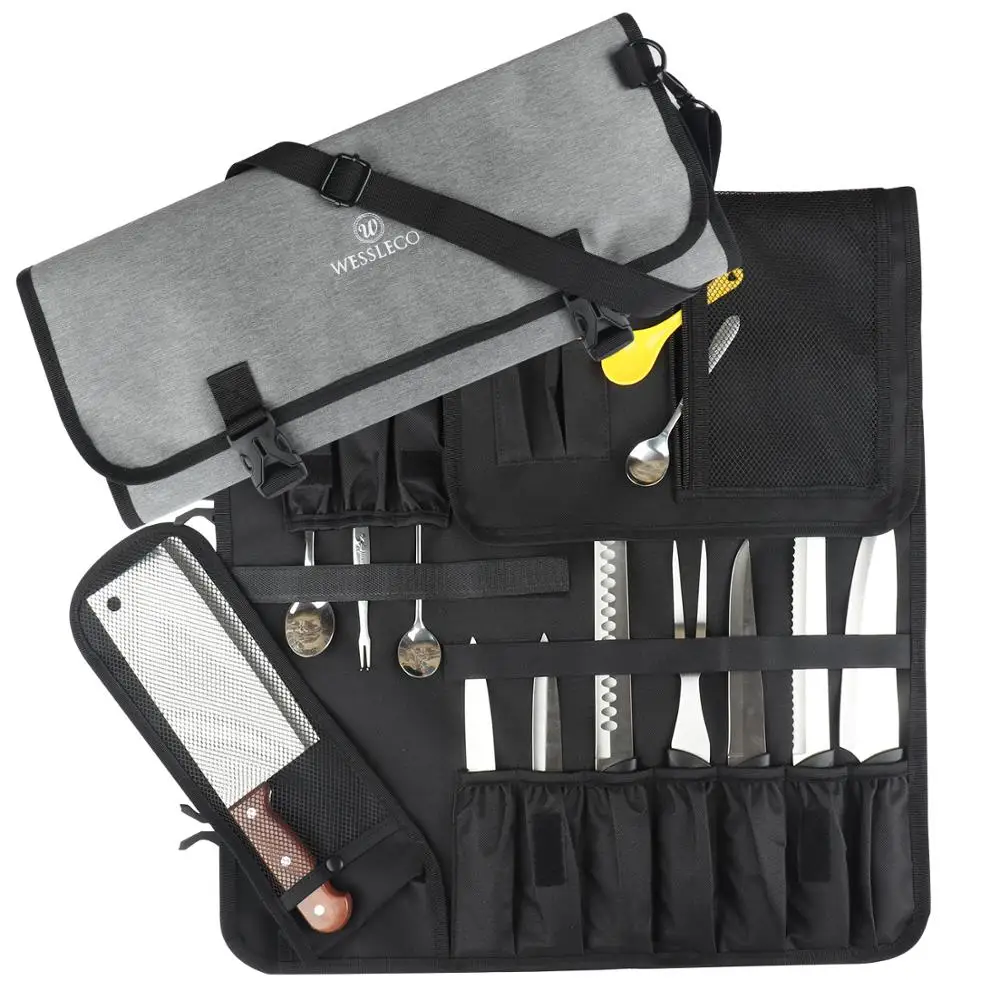 

WESSLECO Portable Chef Knife Bag Kitchen Knife Roll Bag Carry Case Cooking Knife Carrying Storage Pockets Shoulder Bag