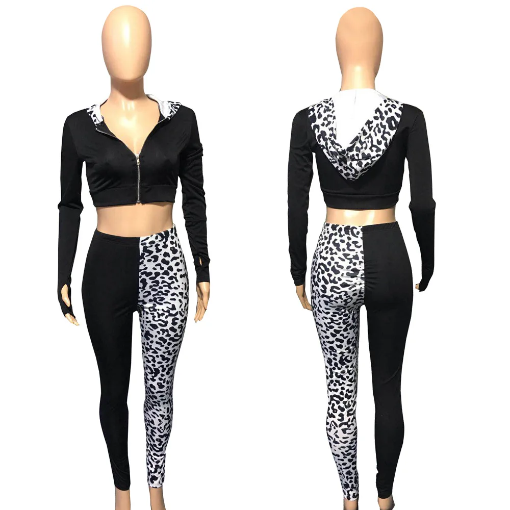 

2020 Autumn New Sports Suit European and American Women's Leopard Splicing Hooded Sports Suit Two-Piece Set