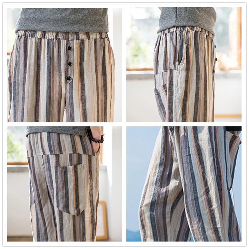 

JDDTON Men's Cotton Linen Casual Literary Pants National Style Traditional Hip Hop Joggers Streetwear Loose Harem Trousers JE056