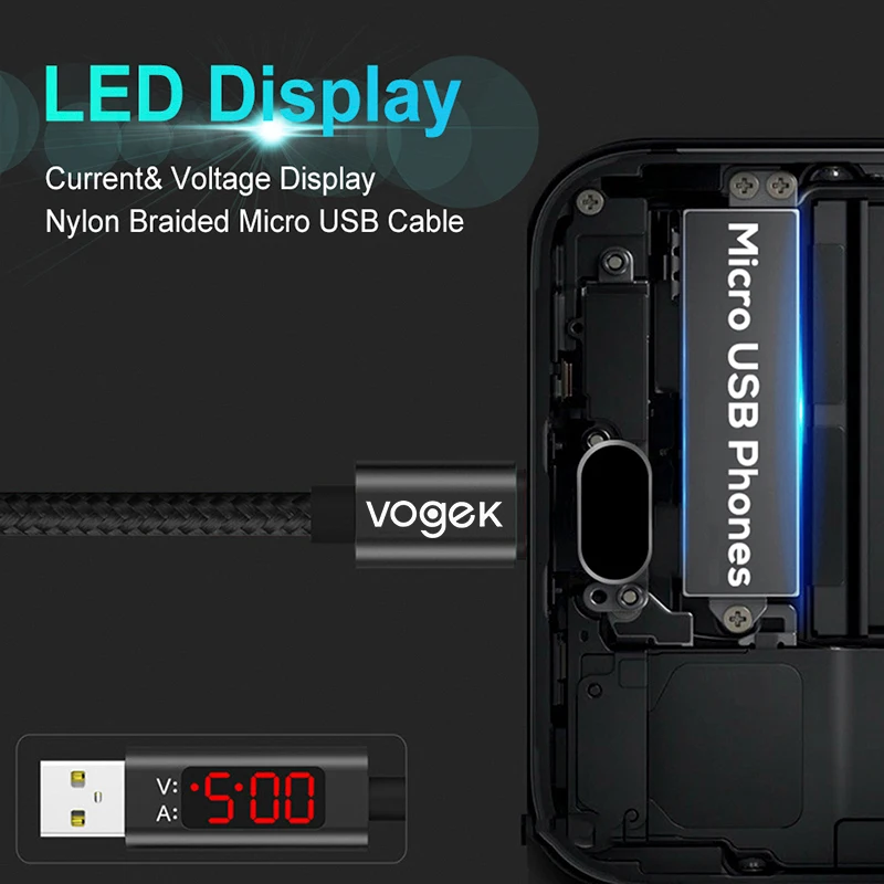 Vogek 3A светодиодный цифровой usb type C Micro USB кабель для xiaomi huawei Быстрая зарядка USB C кабель нейлоновый кабель для мобильного телефона