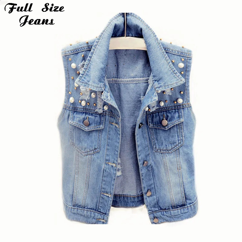 Женский короткий джинсовый жилет без рукавов с бусинами и жемчужинами большие